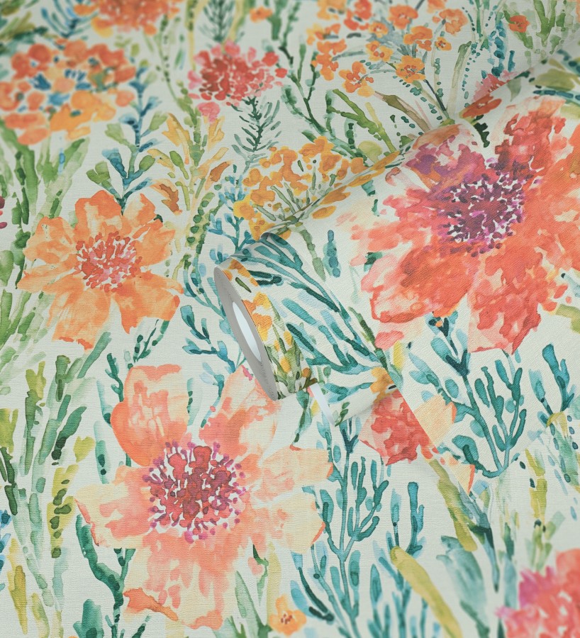 Papel pintado flores silvestres naranja y coral  Bellerose Atellier 684669