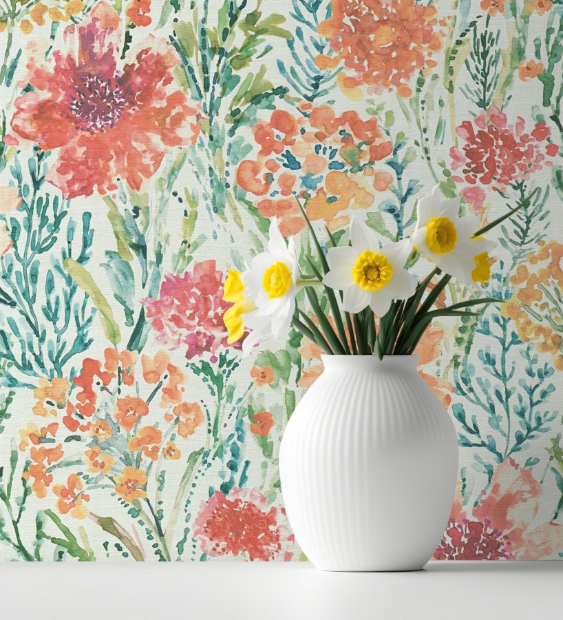 Papel pintado flores silvestres naranja y coral  Bellerose Atellier 684669
