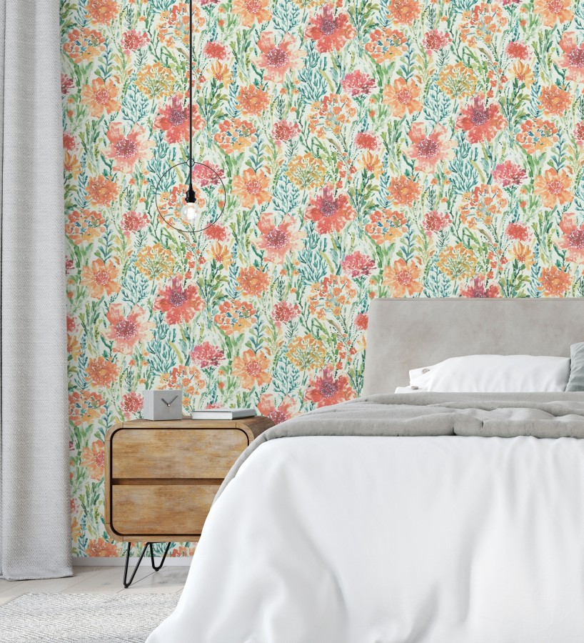 Papel pintado flores silvestres naranja y coral  Bellerose Atellier 684669