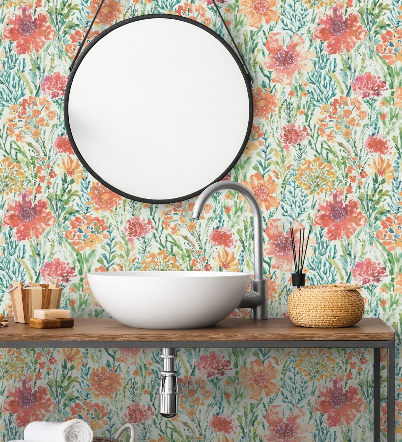 Papel pintado flores silvestres naranja y coral  Bellerose Atellier 684669