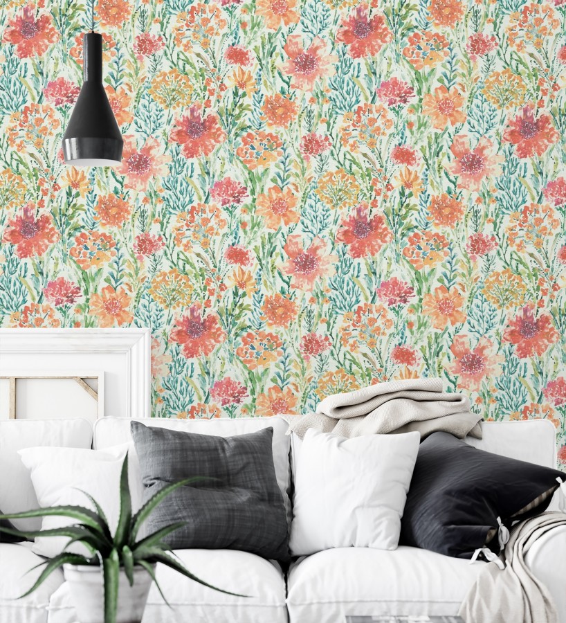 Papel pintado flores silvestres naranja y coral  Bellerose Atellier 684669
