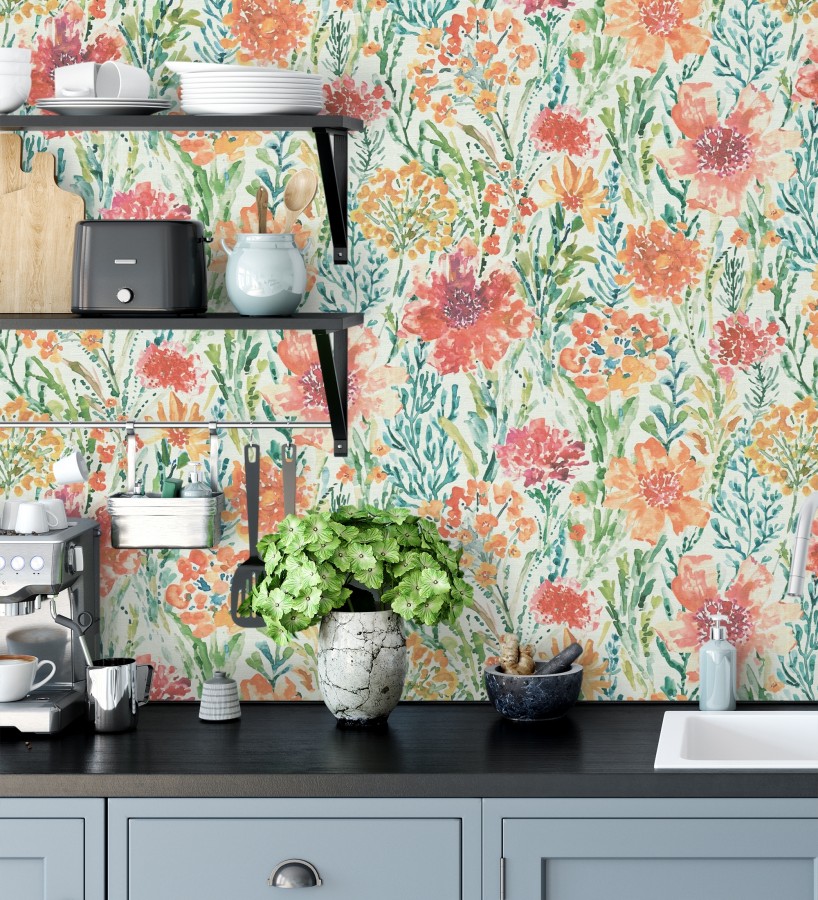 Papel pintado flores silvestres naranja y coral  Bellerose Atellier 684669