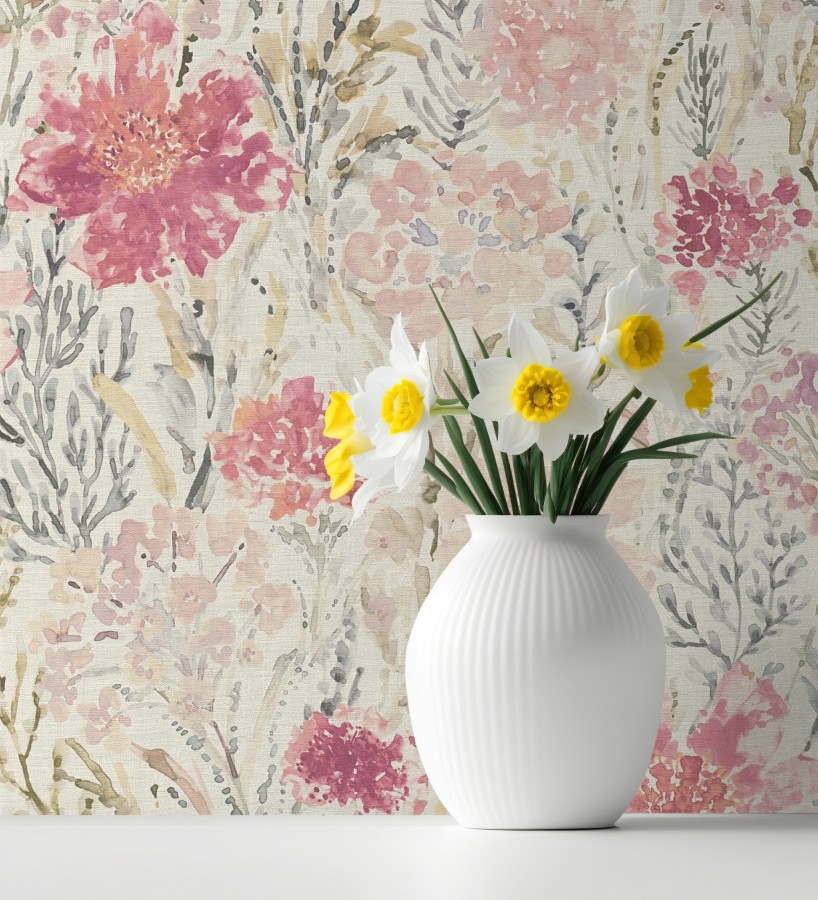 Papel pintado flores silvestres rosa y magenta  Bellerose Atellier 684670