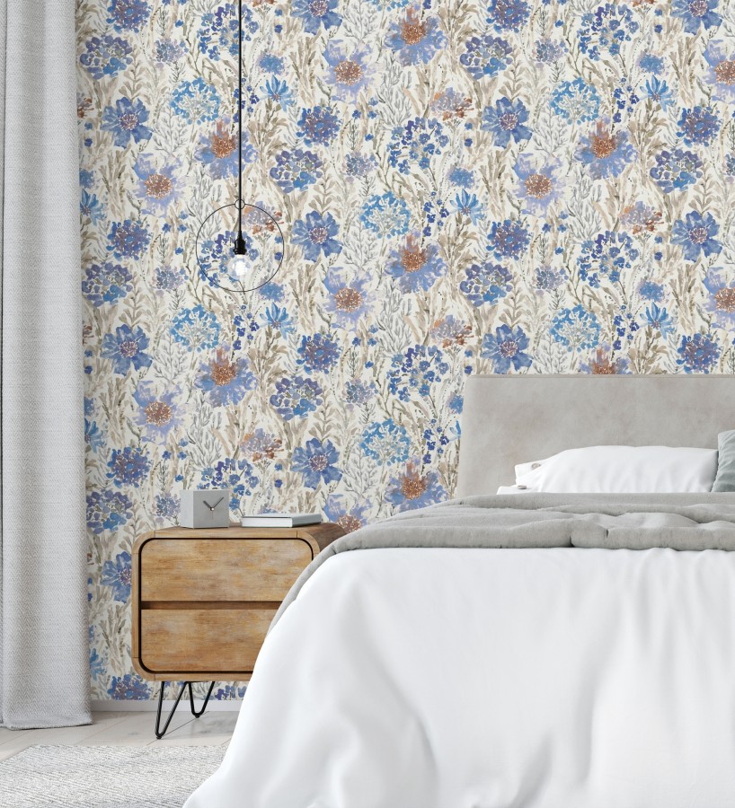 Papel pintado flores silvestres tonos azul añil  Bellerose Atellier 684671