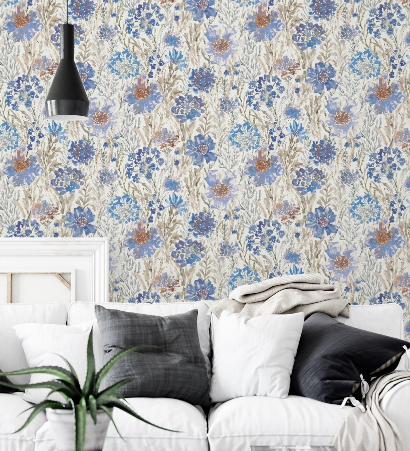 Papel pintado flores silvestres tonos azul añil  Bellerose Atellier 684671