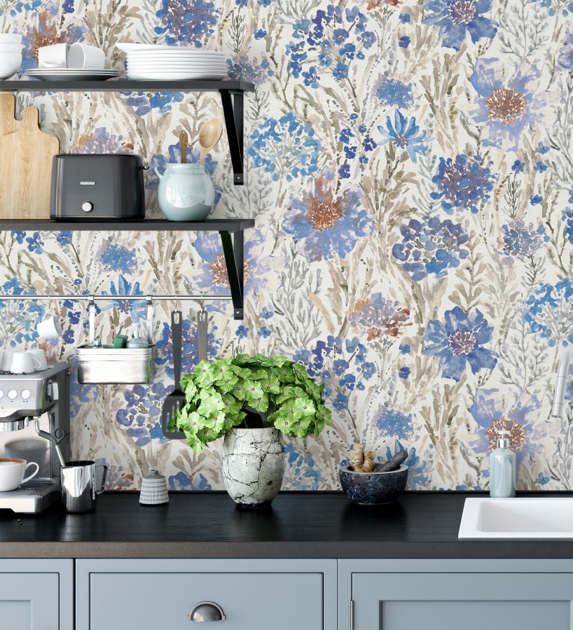 Papel pintado flores silvestres tonos azul añil  Bellerose Atellier 684671