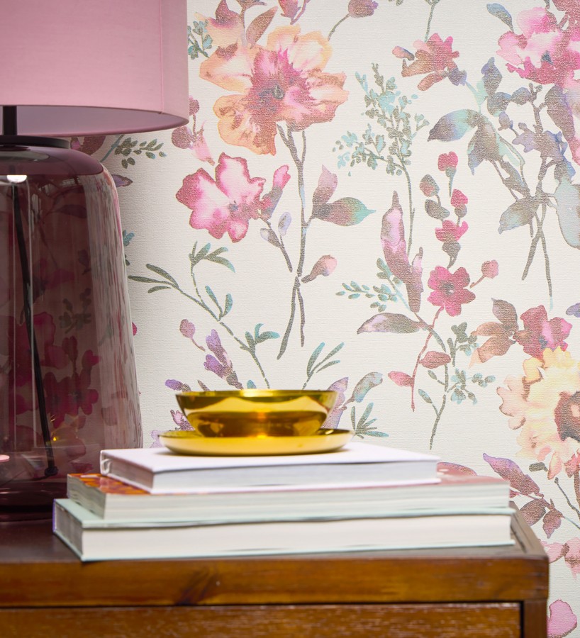 Papel pintado flores silvestres acuarela efecto textil fondo blanco  Galla Vintage 684672