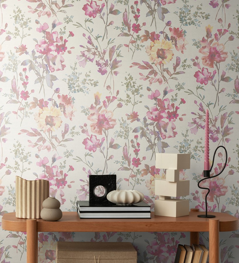 Papel pintado flores silvestres acuarela efecto textil fondo blanco  Galla Vintage 684672