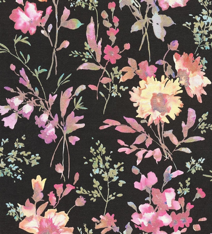 Papel pintado flores silvestres acuarela efecto textil fondo negro  Galla Vintage 684673