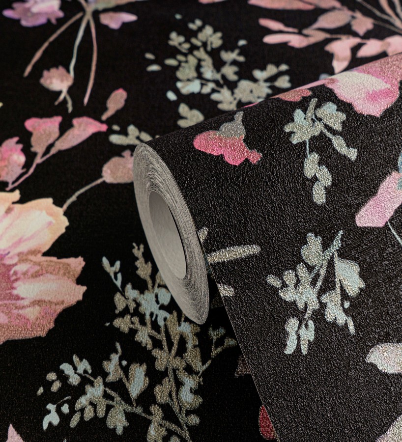 Papel pintado flores silvestres acuarela efecto textil fondo negro  Galla Vintage 684673