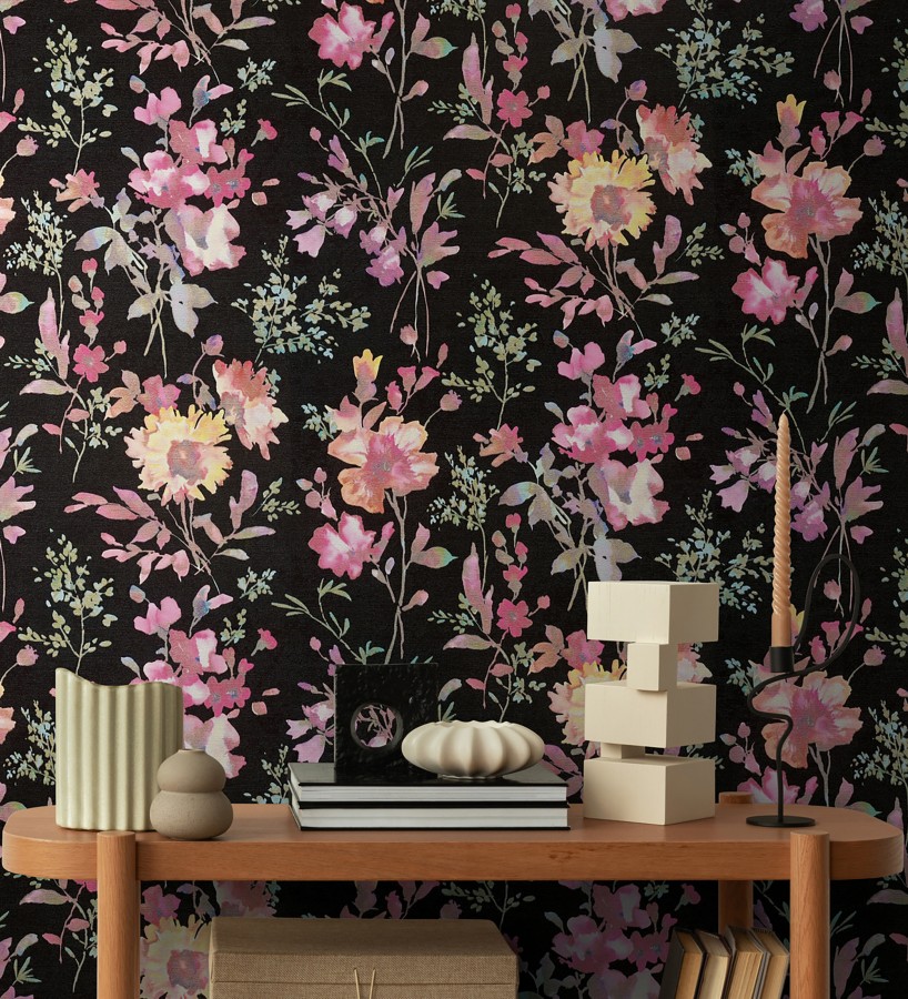 Papel pintado flores silvestres acuarela efecto textil fondo negro  Galla Vintage 684673