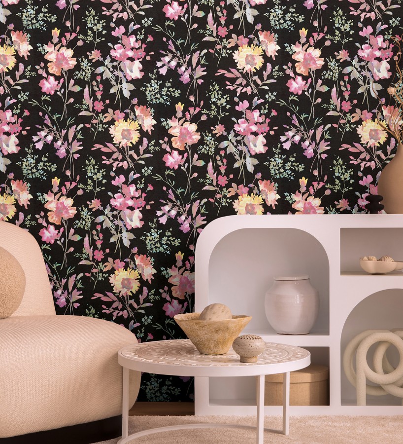 Papel pintado flores silvestres acuarela efecto textil fondo negro  Galla Vintage 684673