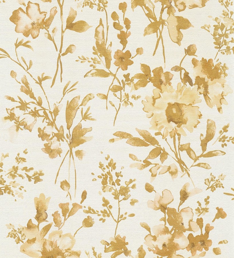 Papel pintado flores silvestres acuarela efecto textil fondo amarillo pálido  Galla Vintage 684675