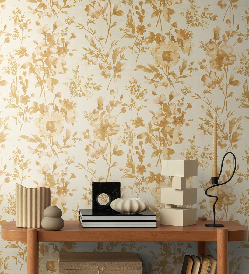Papel pintado flores silvestres acuarela efecto textil fondo amarillo pálido  Galla Vintage 684675