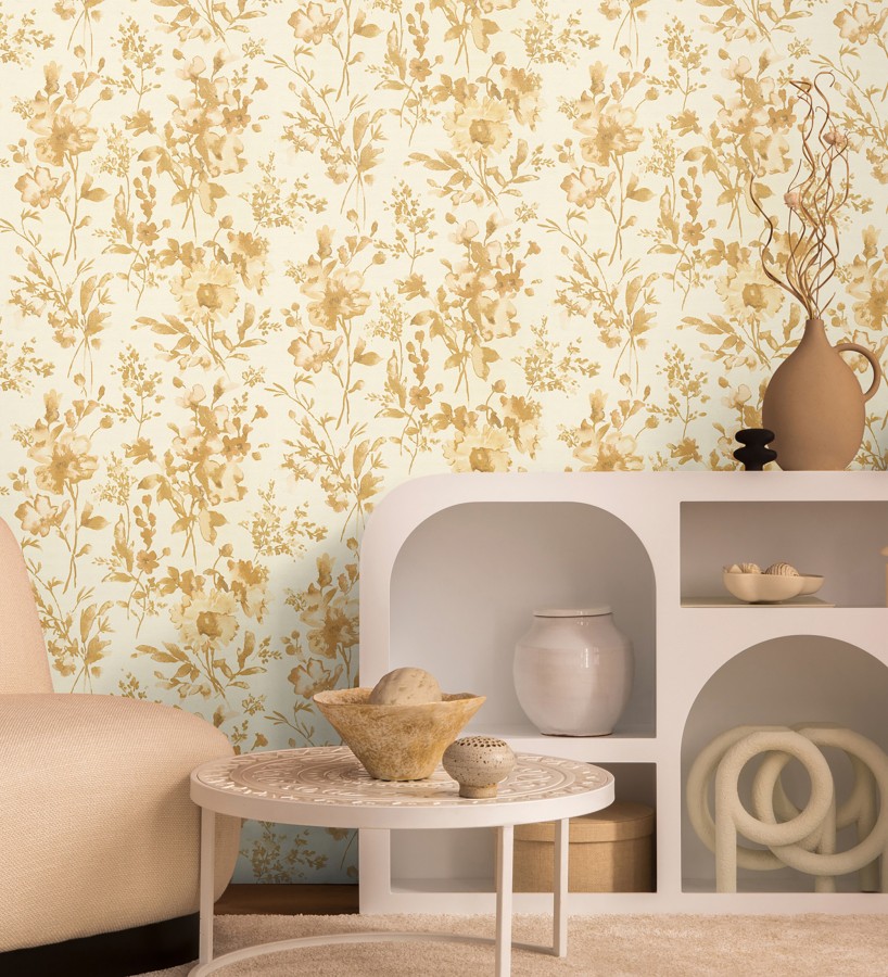 Papel pintado flores silvestres acuarela efecto textil fondo amarillo pálido  Galla Vintage 684675