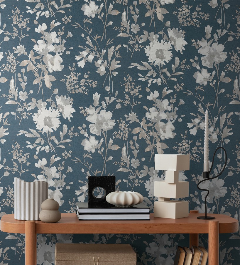 Papel pintado flores silvestres acuarela efecto textil fondo azul noche  Galla Vintage 684676