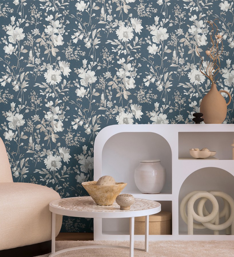 Papel pintado flores silvestres acuarela efecto textil fondo azul noche  Galla Vintage 684676