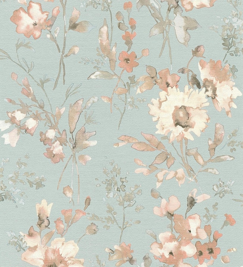 Papel pintado flores silvestres acuarela efecto textil fondo verde agua  Galla Vintage 684677