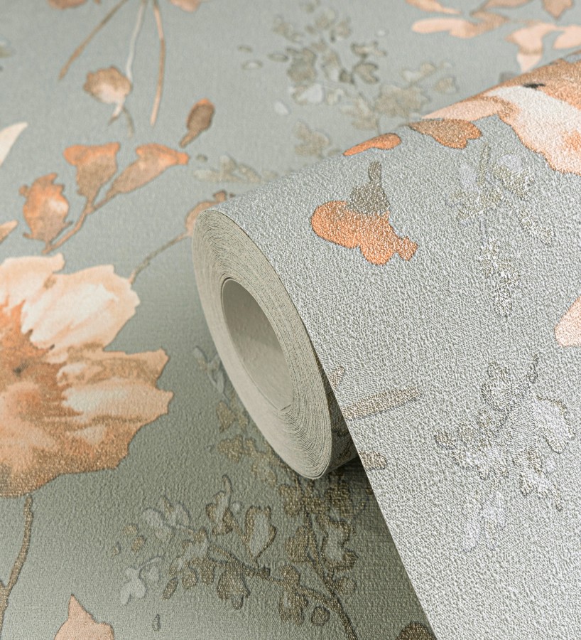 Papel pintado flores silvestres acuarela efecto textil fondo verde agua  Galla Vintage 684677