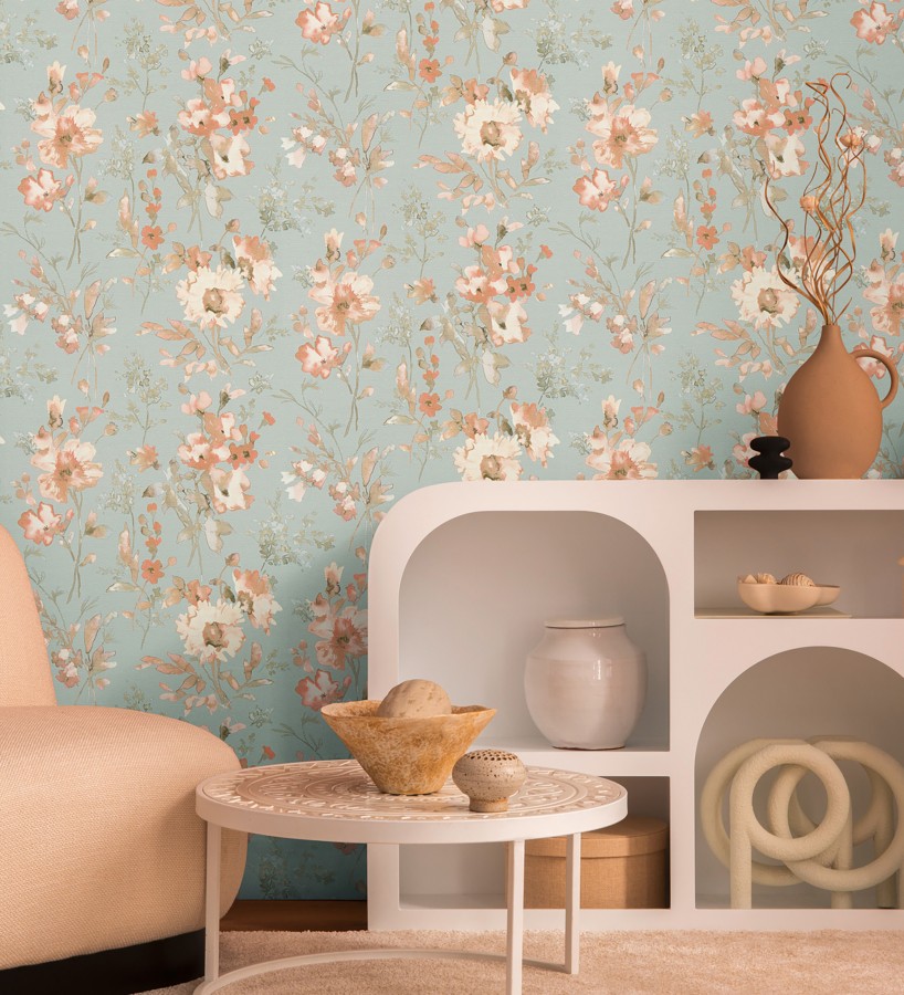 Papel pintado flores silvestres acuarela efecto textil fondo verde agua  Galla Vintage 684677
