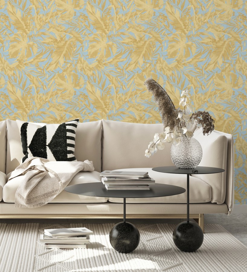 Papel pintado selva dorada fondo texturizado azul cielo  Dorian Jungle 684685