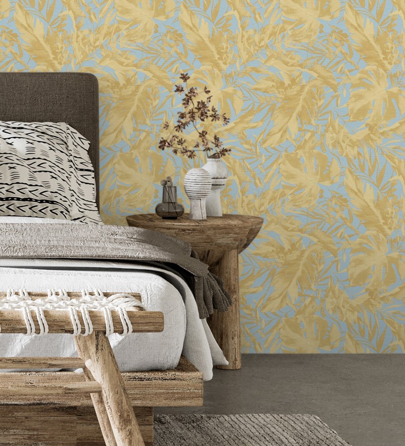 Papel pintado selva dorada fondo texturizado azul cielo  Dorian Jungle 684685