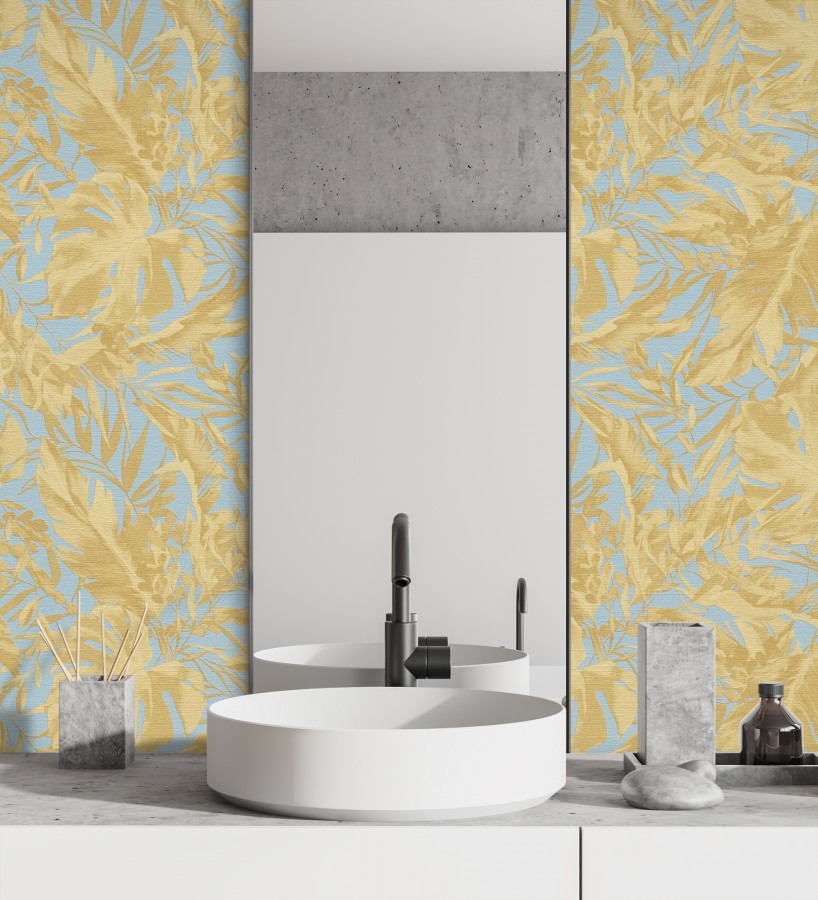 Papel pintado selva dorada fondo texturizado azul cielo  Dorian Jungle 684685
