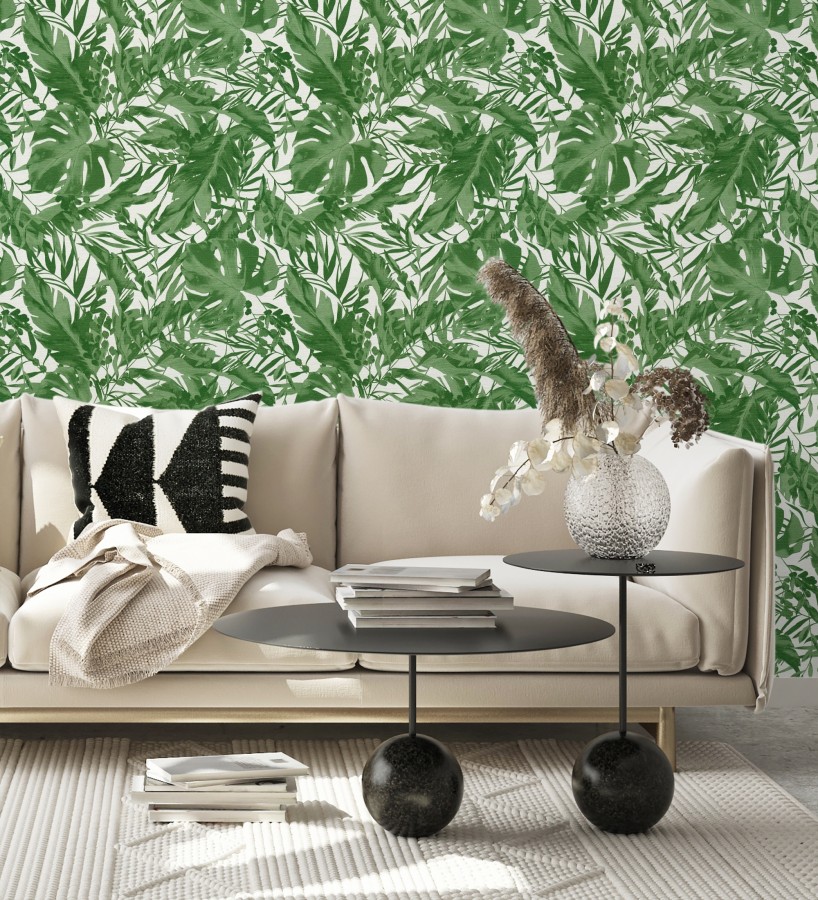 Papel pintado selva verde fondo texturizado blanco  Dorian Jungle 684687
