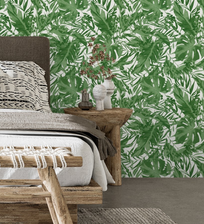 Papel pintado selva verde fondo texturizado blanco  Dorian Jungle 684687