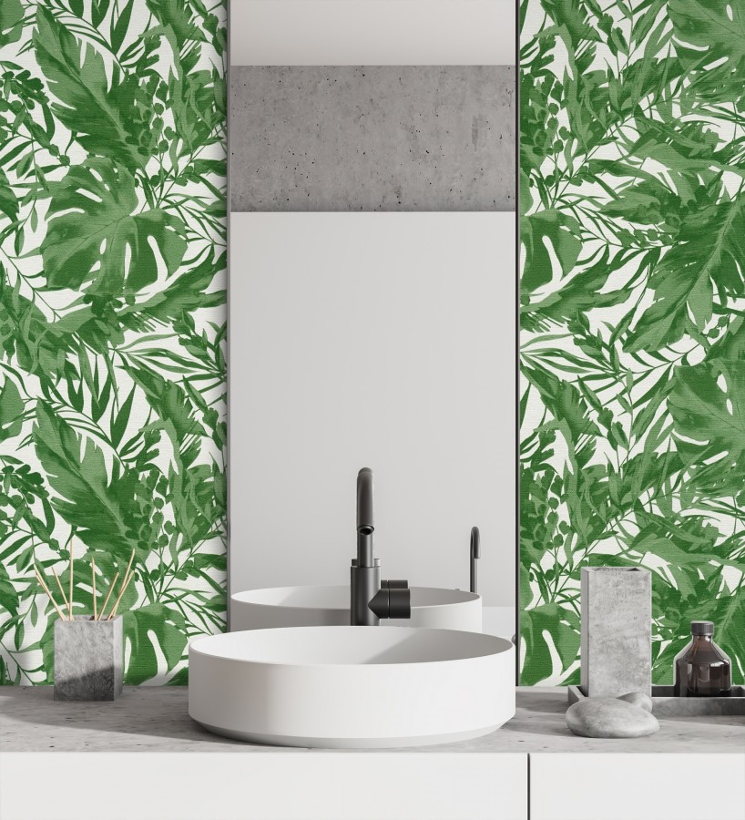 Papel pintado selva verde fondo texturizado blanco  Dorian Jungle 684687