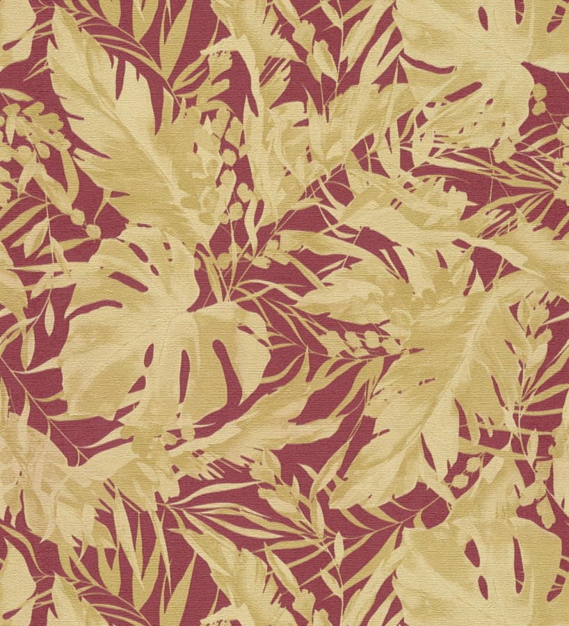 Papel pintado selva dorada fondo texturizado rojo burdeos  Dorian Jungle 684688