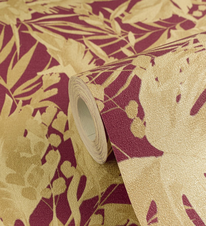 Papel pintado selva dorada fondo texturizado rojo burdeos  Dorian Jungle 684688