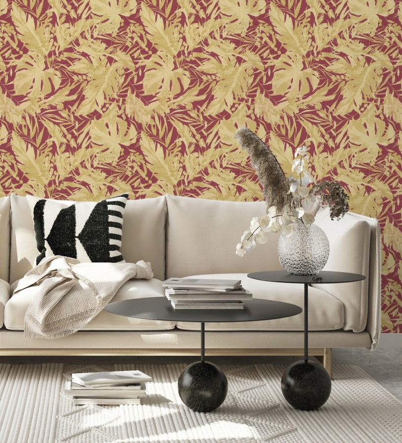 Papel pintado selva dorada fondo texturizado rojo burdeos  Dorian Jungle 684688