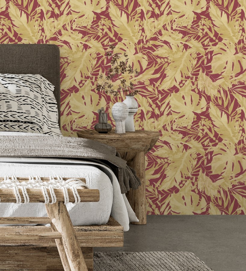 Papel pintado selva dorada fondo texturizado rojo burdeos  Dorian Jungle 684688