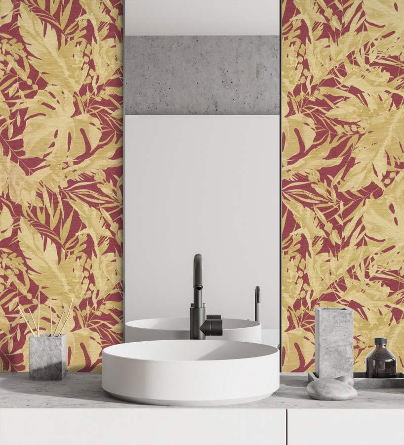 Papel pintado selva dorada fondo texturizado rojo burdeos  Dorian Jungle 684688