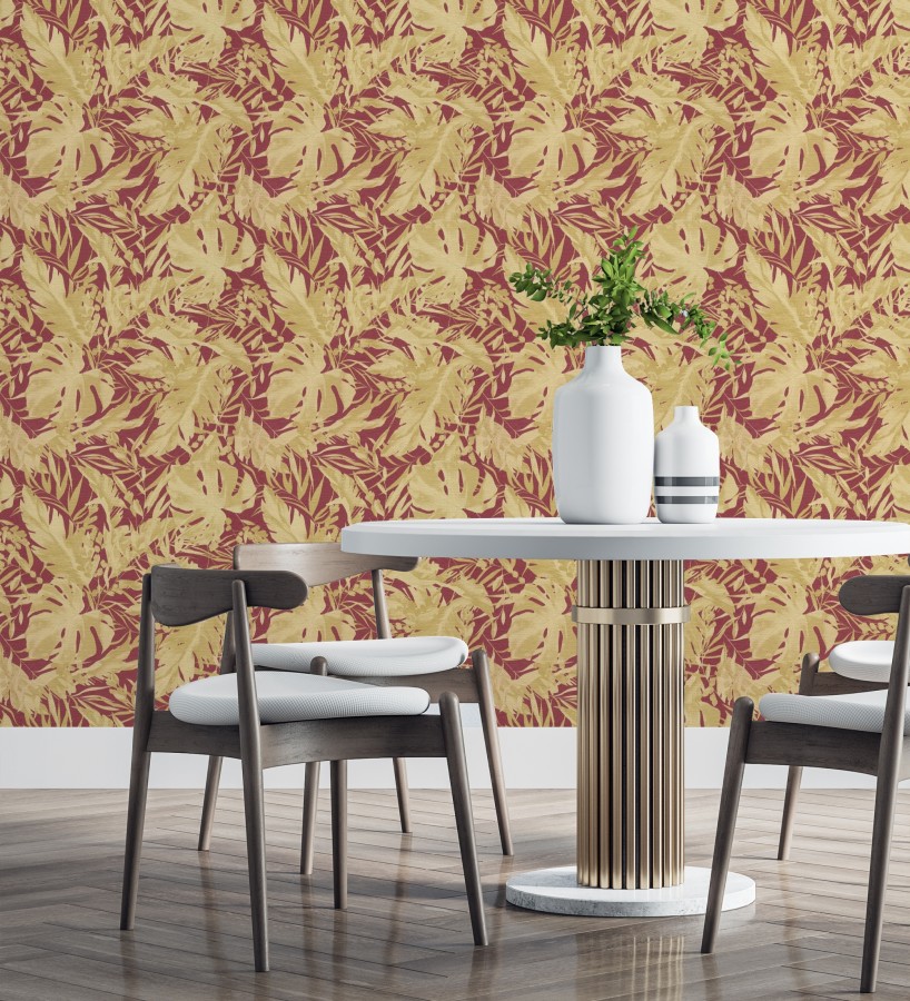Papel pintado selva dorada fondo texturizado rojo burdeos  Dorian Jungle 684688