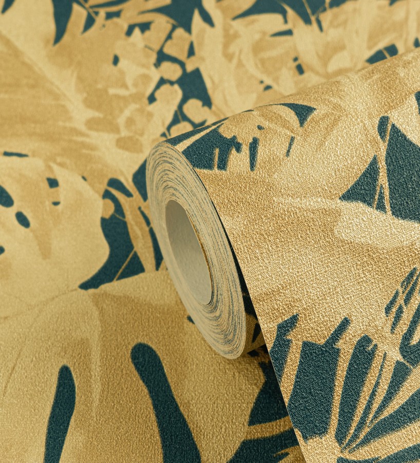 Papel pintado selva dorada fondo texturizado verde esmeralda  Dorian Jungle 684689