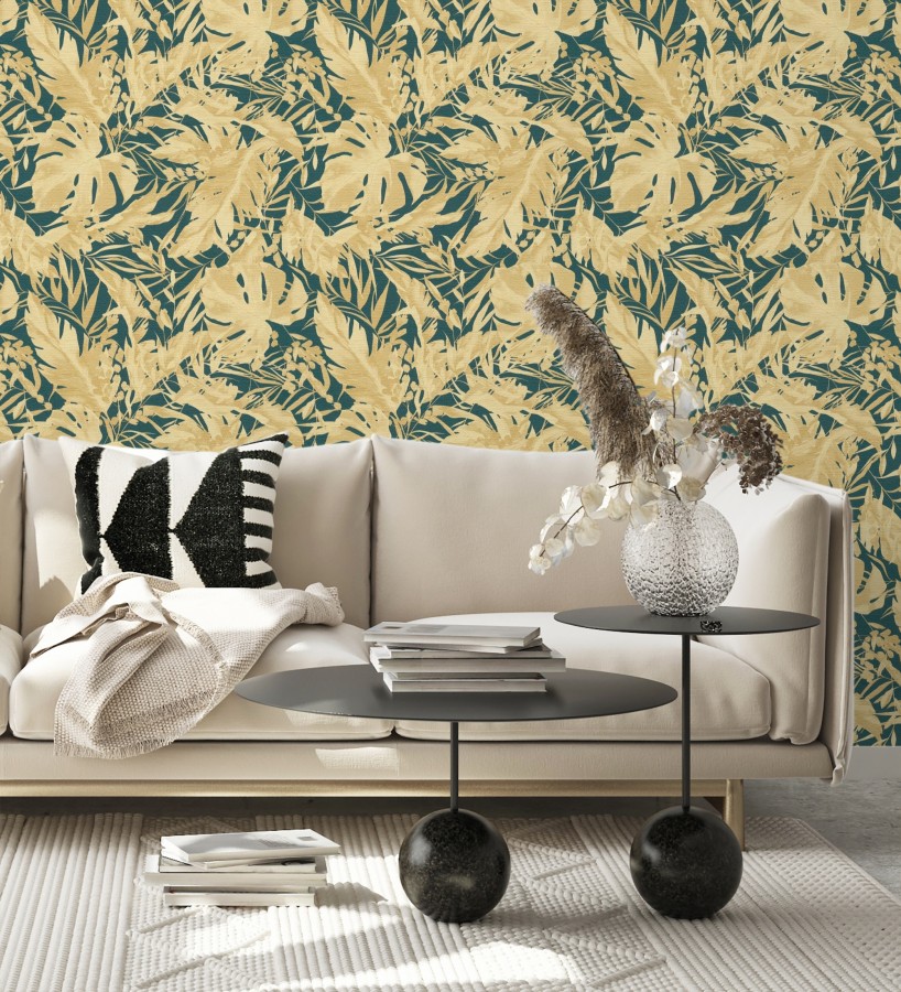 Papel pintado selva dorada fondo texturizado verde esmeralda  Dorian Jungle 684689