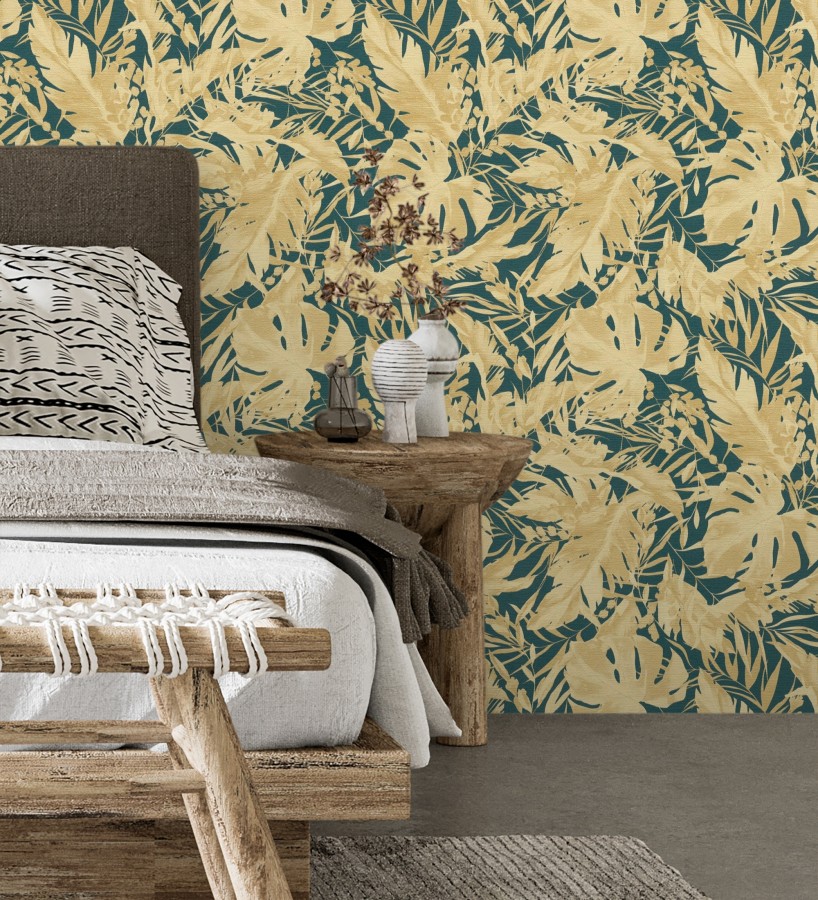Papel pintado selva dorada fondo texturizado verde esmeralda  Dorian Jungle 684689