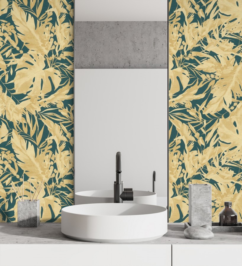 Papel pintado selva dorada fondo texturizado verde esmeralda  Dorian Jungle 684689