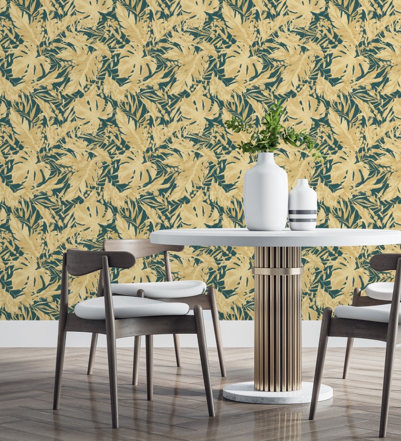 Papel pintado selva dorada fondo texturizado verde esmeralda  Dorian Jungle 684689