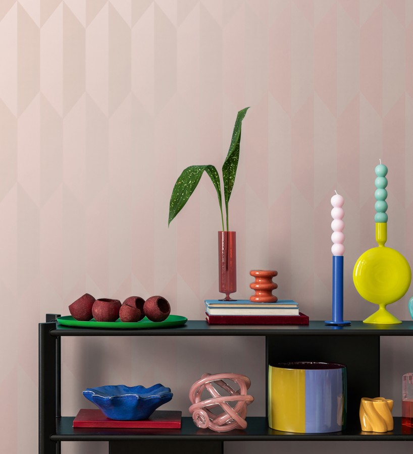 Papel pintado geométrico de prismas metalizados color rosa  Rhine Metric 684696