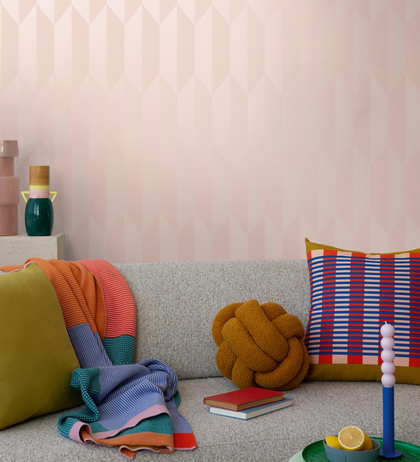 Papel pintado geométrico de prismas metalizados color rosa  Rhine Metric 684696