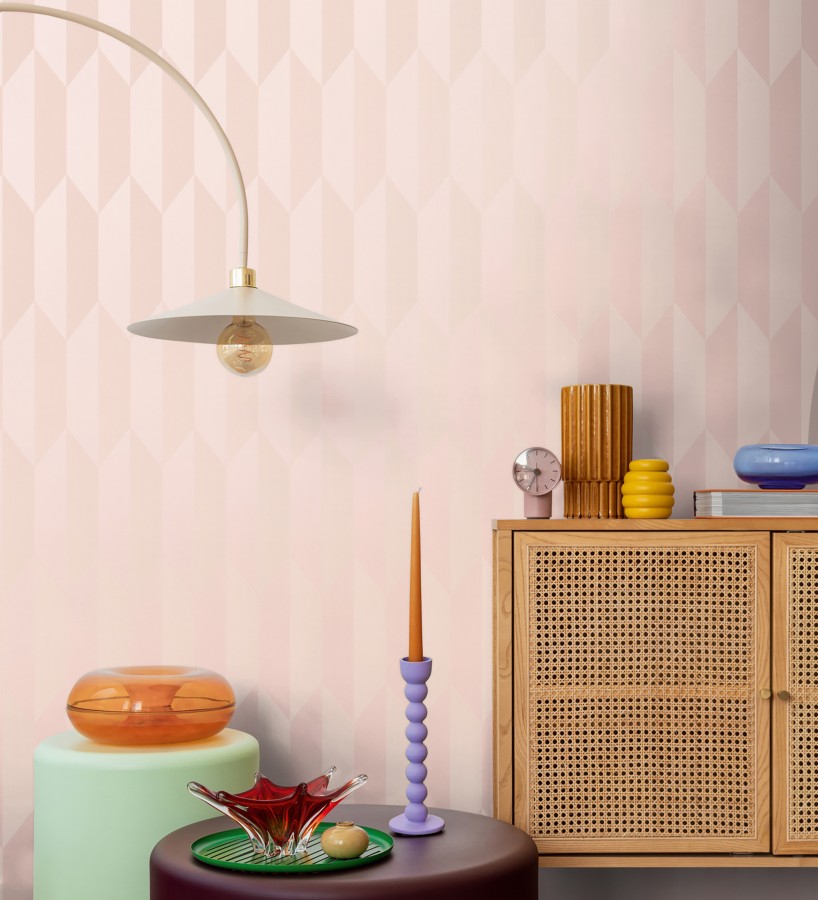 Papel pintado geométrico de prismas metalizados color rosa  Rhine Metric 684696