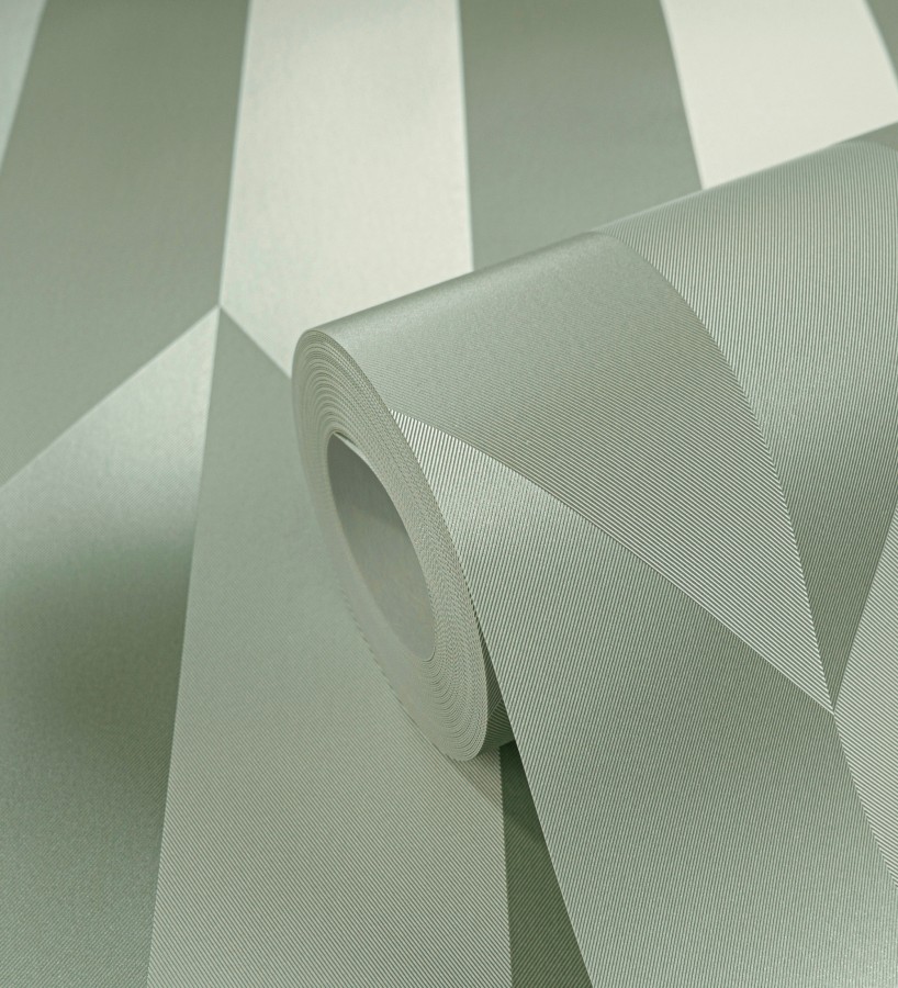 Papel pintado geométrico de prismas metalizados color verde salvia  Rhine Metric 684698