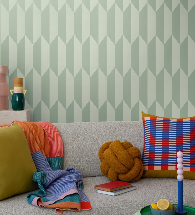 Papel pintado geométrico de prismas metalizados color verde salvia  Rhine Metric 684698