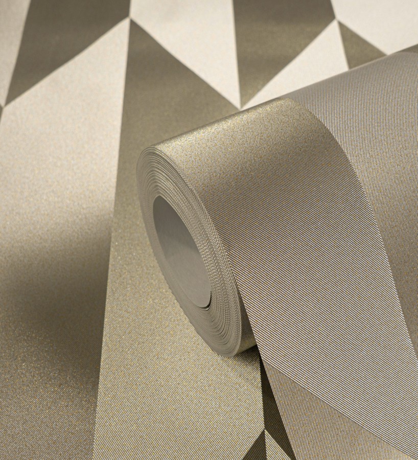Papel pintado geométrico de prismas metalizados color champagne  Rhine Metric 684699