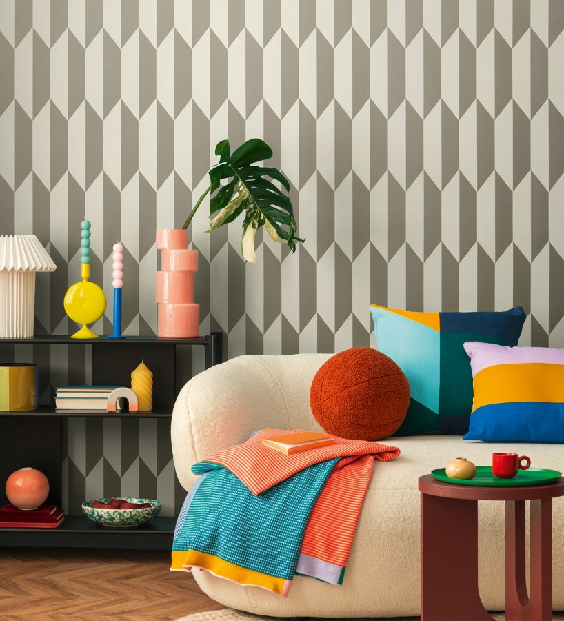 Papel pintado geométrico de prismas metalizados color champagne  Rhine Metric 684699
