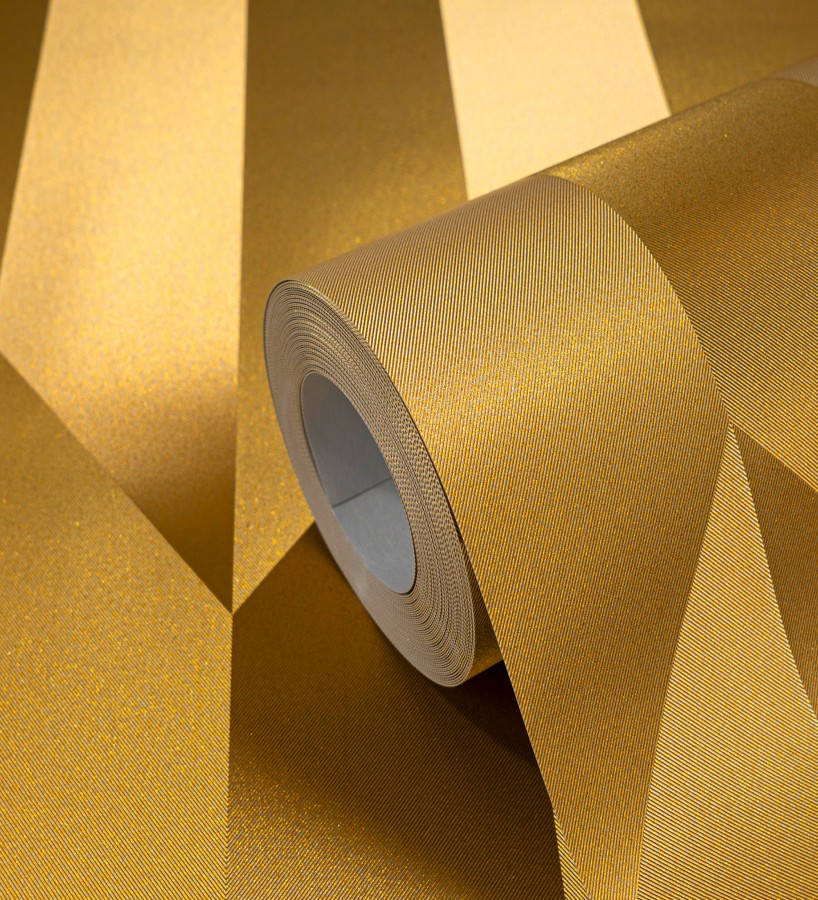 Papel pintado geométrico de prismas metalizados color dorado  Rhine Metric 684700