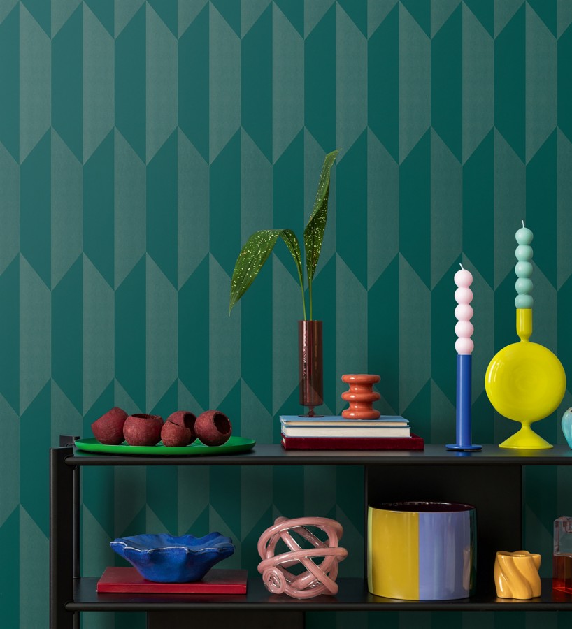 Papel pintado geométrico de prismas metalizados color verde esmeralda  Rhine Metric 684701